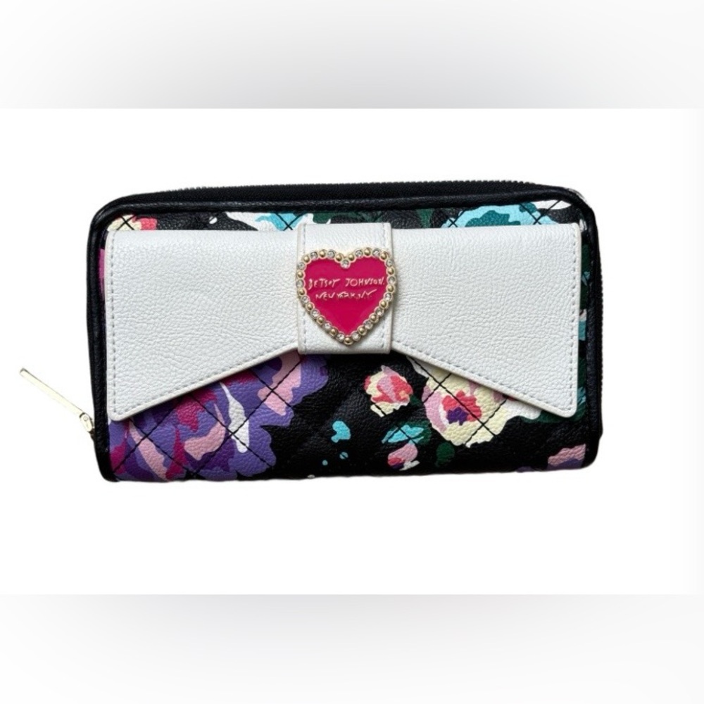 Betsey Johnson White Bow Floral Zip Around Wallet Black Multi Coquettecore Y2K